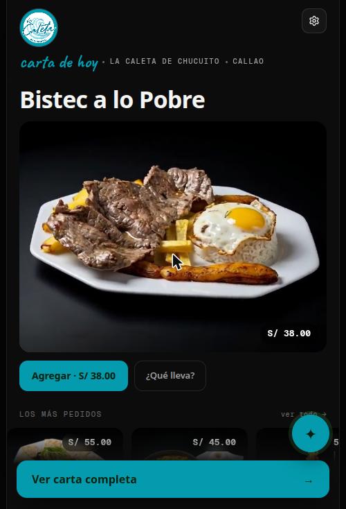 La carta digital de La Caleta de Chucuito vista en un teléfono: foto del plato, nombre y precio